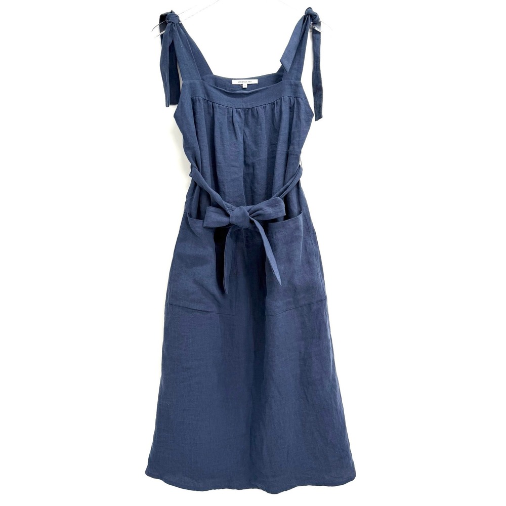 Emerson Fry Navy Blue Linen Midi Tent Dress Size XS Tie Shoulder Pockets Cottage